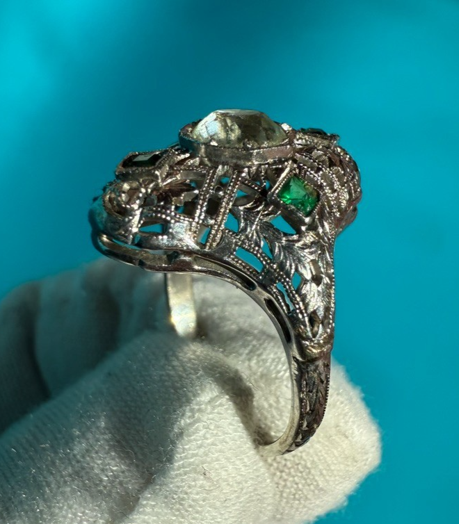 Wonderful Antique Art Deco Period 14k - 18k White Gold Ring W/ Glass Diamond5