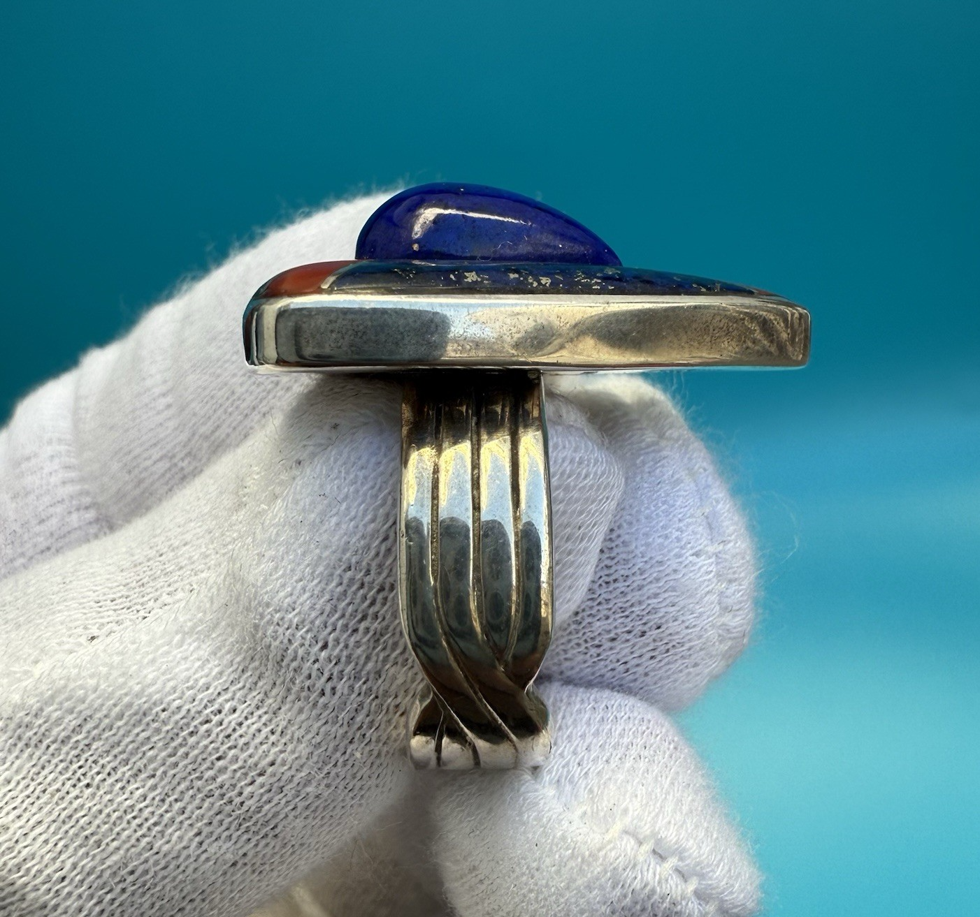 Exquisite Signed Native American Shield Ring w, Lapis & Coral Inlay 4