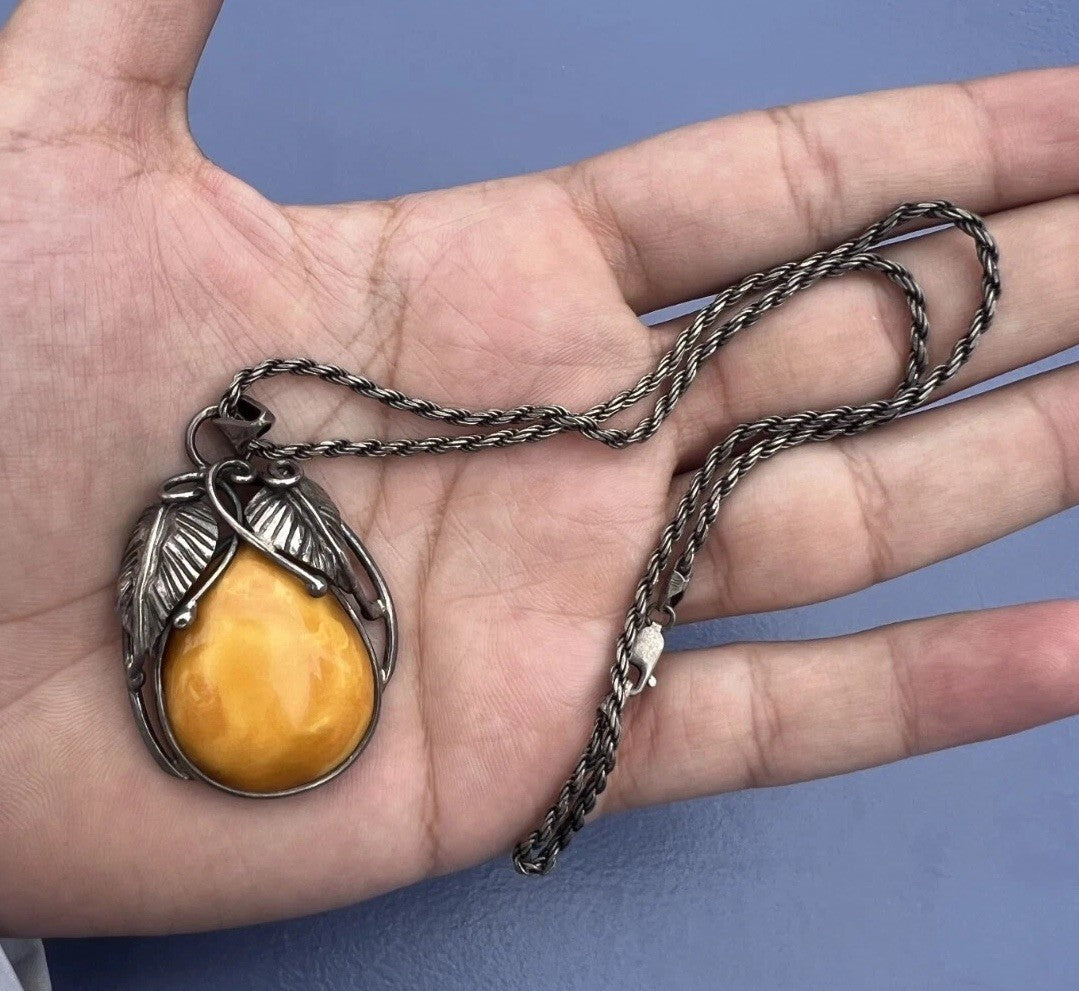 Gorgeous Natural Marbled Butterscotch Amber & Fine Silver Pendant Necklace2