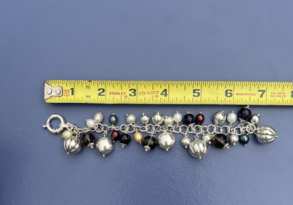 Beautiful Italian Sterling Silver Charm Bracelet w/ Pearls & Faceted Gemstone7