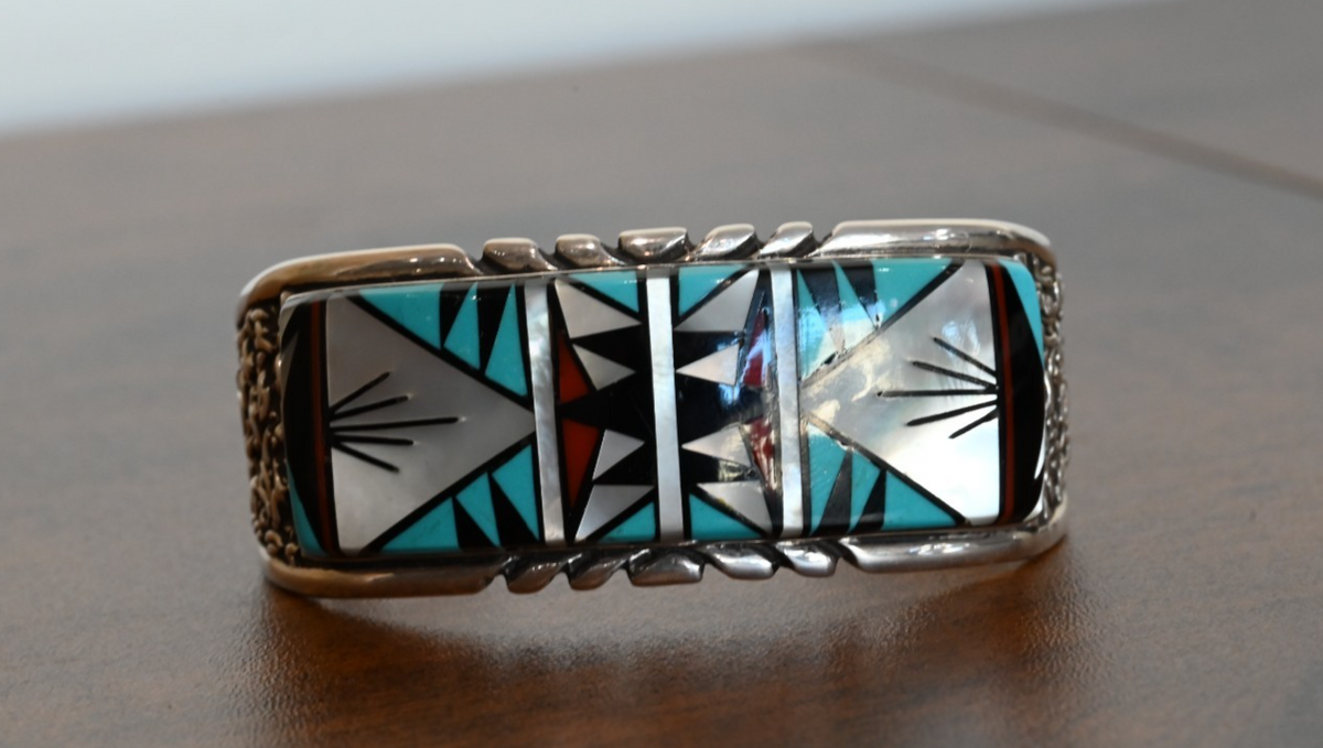Vintage Native American Navajo Turquoise Mosaic Inlay Cuff by Tommy Jackson2