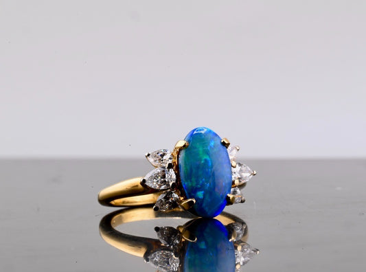 IGI Certified 18K Yellow Gold Ring w/ Natural 2.00 ct Opal Cabochon & Diamonds1