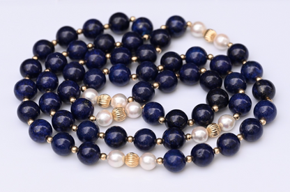Vintage 14K Yellow Gold, Lapis Lazuli & Cultured Pearl Beaded Necklace0