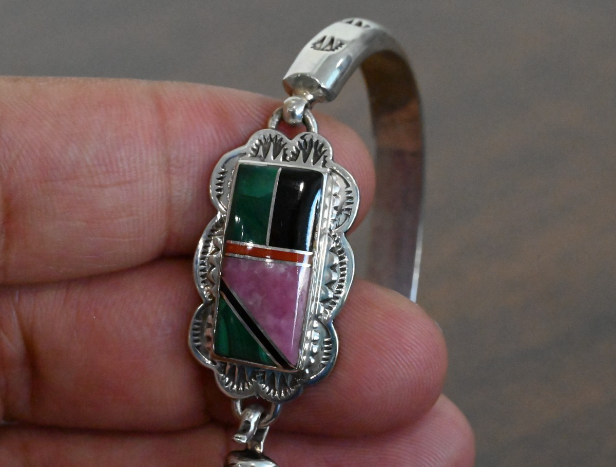 Vintage Native American Zuni Sterling Silver Mosaic Inlay Cuff by G. Howe0