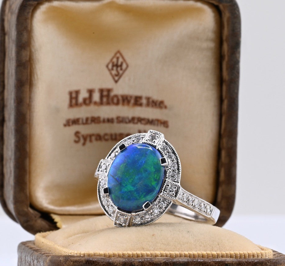 IGI Certified 14K White Gold Ring with Natural Black Opal Surrounded by Diamonds0
