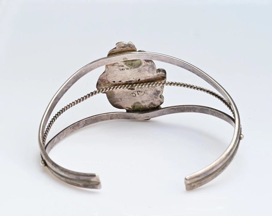 Vintage Signed Sterling Silver 925 Native American Green Malachite Cuff Bracelet3