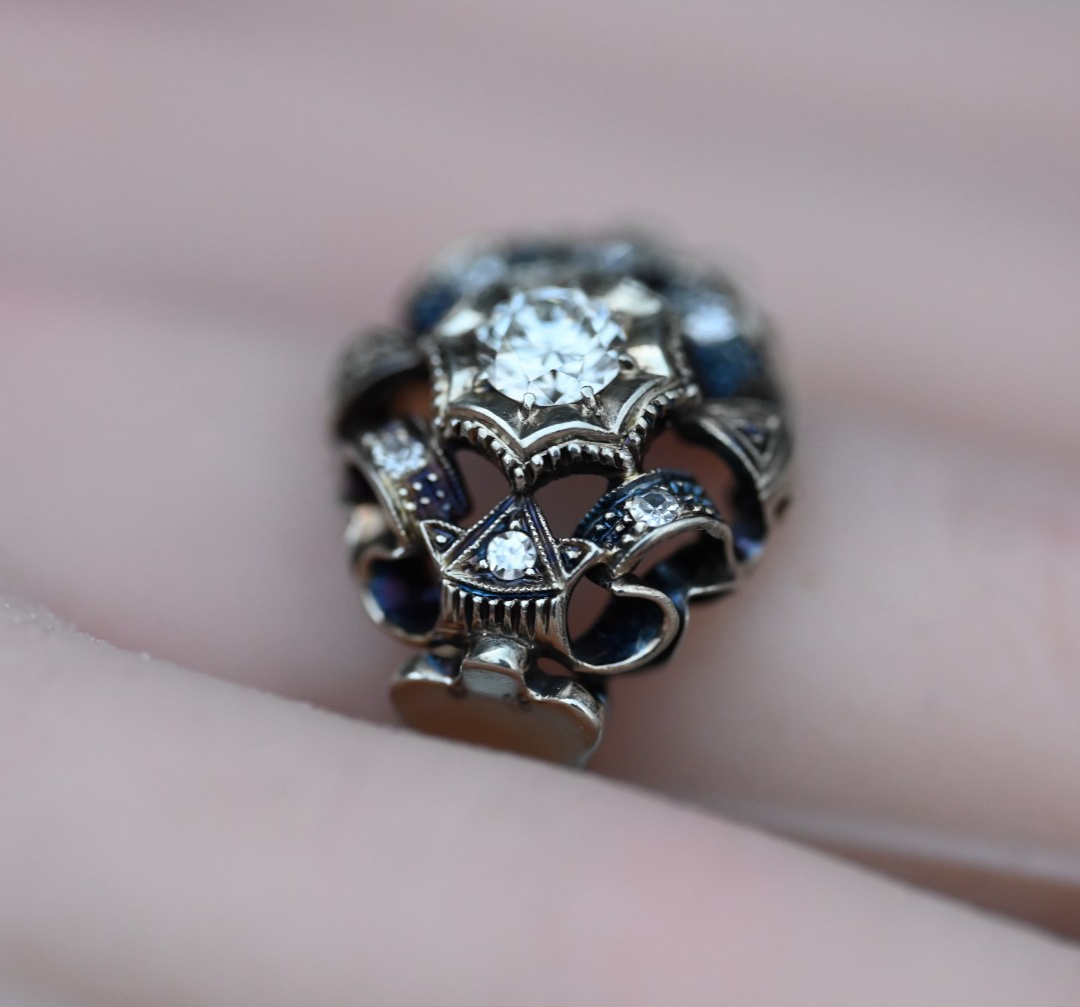 Vintage Art Deco Style Statement Ring 18K Gold .40 ct Center Diamond3