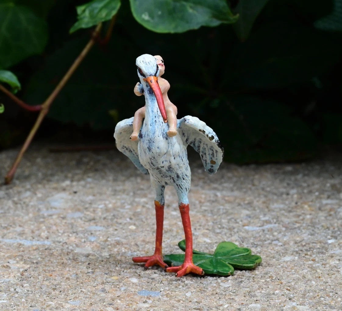 Rare Austrian Vienna Cold Painted Bronze Stork With Baby & Four Leaf Clover1