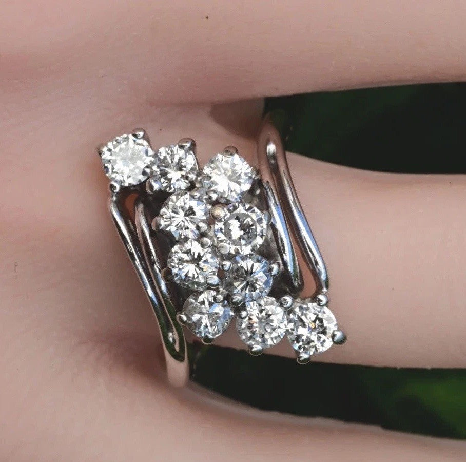 14K W  Gold 2ct Natural Diamond Waterfall Cluster Ring Expandable Shank IGI Cert0