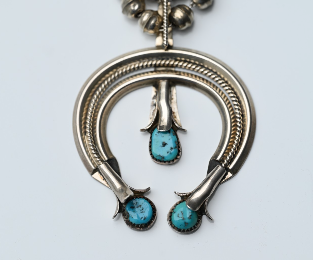 Lovely Native American Blue Turquoise & Sterling Silver Squash Blossom Necklace1