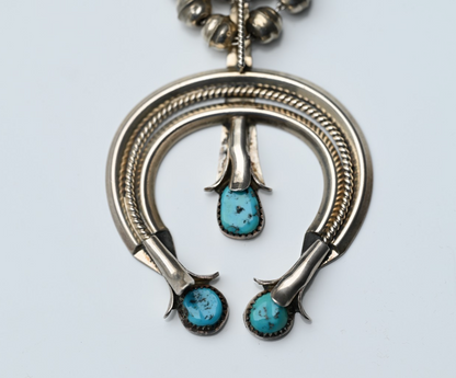 Lovely Native American Blue Turquoise & Sterling Silver Squash Blossom Necklace1