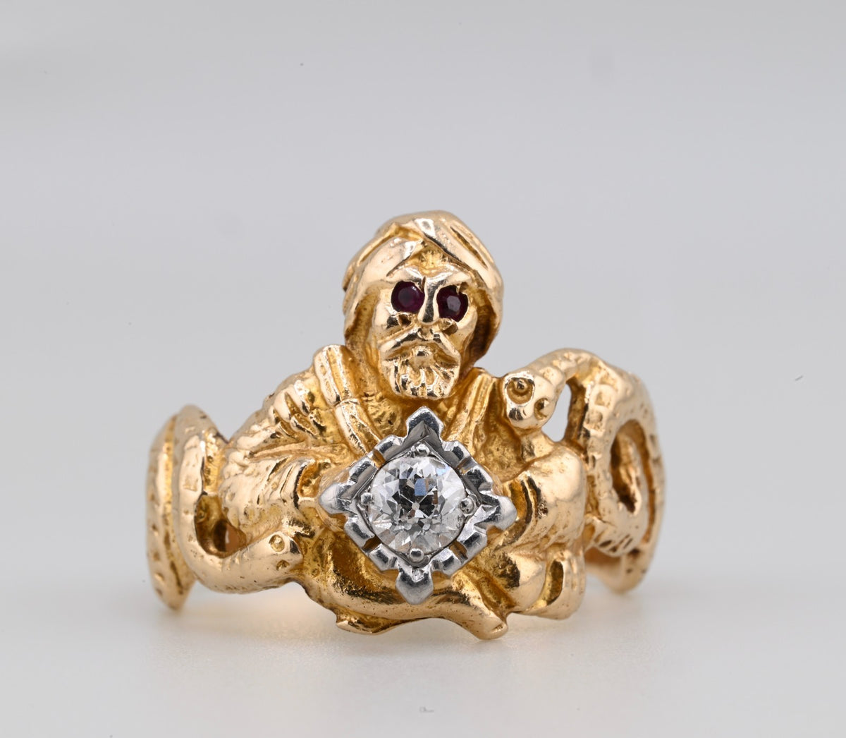 ANTIQUE ART DECO PERIOD 14K GENIE & DOUBLE SNAKE RING OLD EURO DIAMOND IGI CERT.1