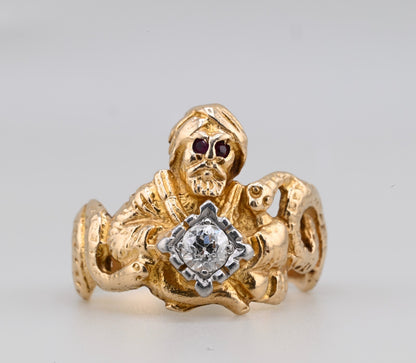ANTIQUE ART DECO PERIOD 14K GENIE & DOUBLE SNAKE RING OLD EURO DIAMOND IGI CERT.1