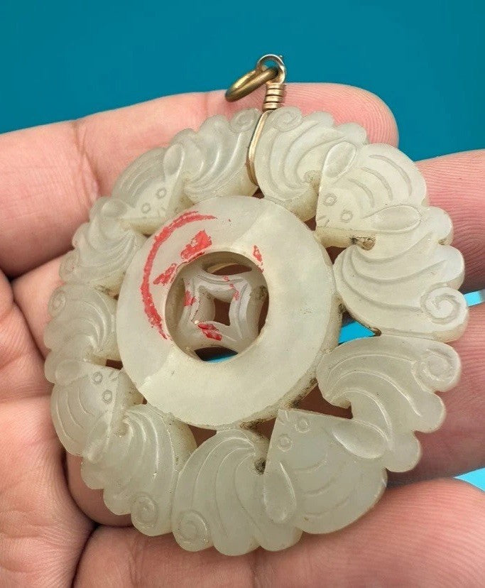 Amazing Antique Carved Chinese Lucky Bat Jade Pendant With Spinning Center4