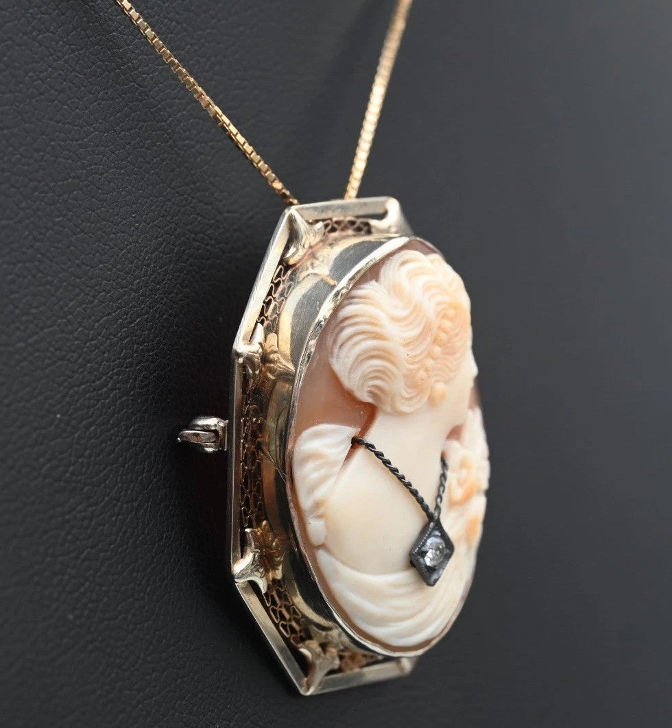 Gorgeous Carved Shell Cameo Brooch Pendant With Diamond Necklace 14K White Gold2