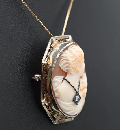 Gorgeous Carved Shell Cameo Brooch Pendant With Diamond Necklace 14K White Gold2