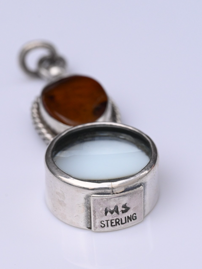 Signed MS Sterling Silver Southwest Jewelers Loupe W/ Honey Amber Like Stone2