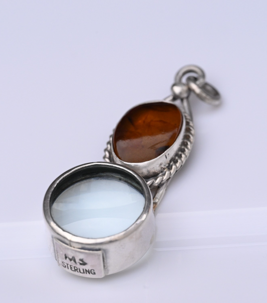 Signed MS Sterling Silver Southwest Jewelers Loupe W/ Honey Amber Like Stone0