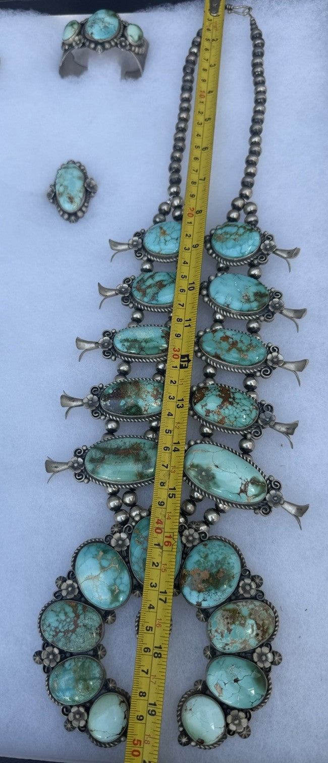 Native American Turquoise &Sterling Squash Blossom Jewelry Set By Maynard Garcia20