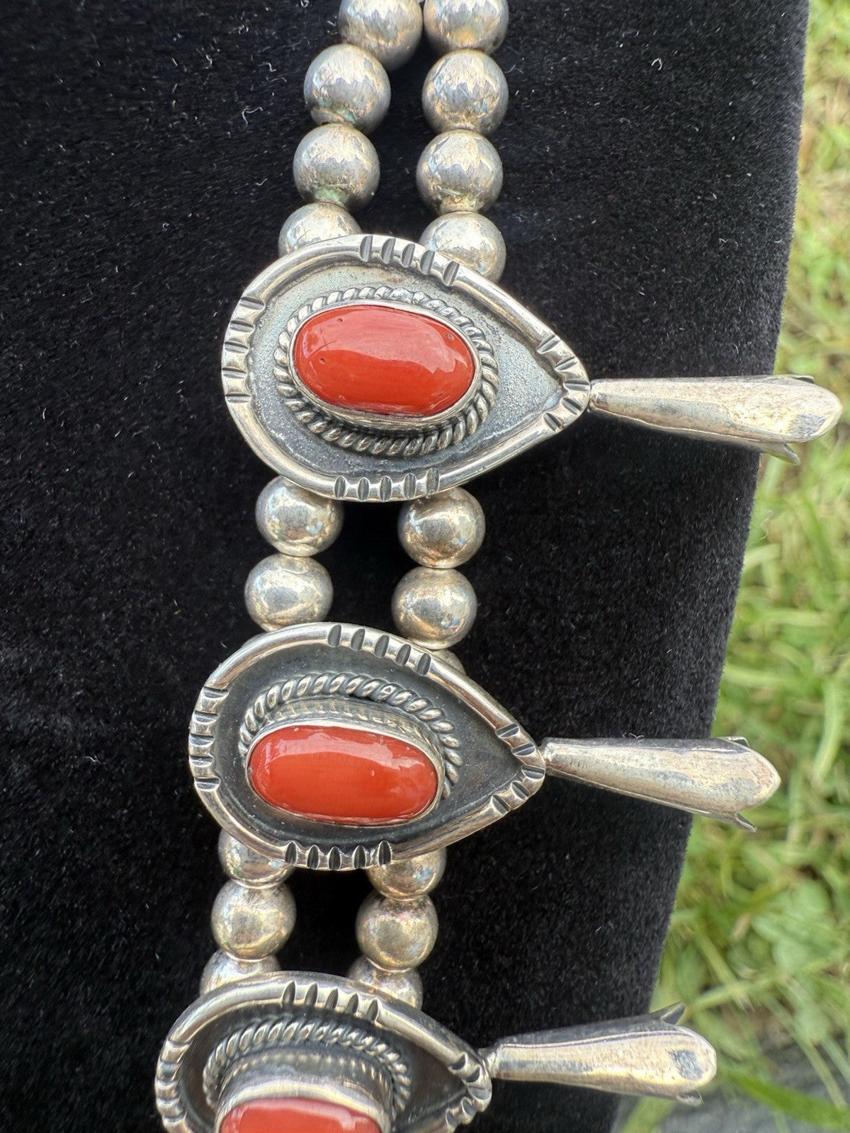 Gorgeous Native American Sterling Silver Squash Blossom Necklace with Red Coral6