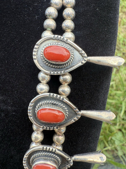 Gorgeous Native American Sterling Silver Squash Blossom Necklace with Red Coral6