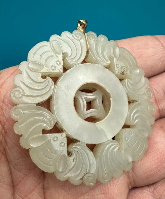 Amazing Antique Carved Chinese Lucky Bat Jade Pendant With Spinning Center0