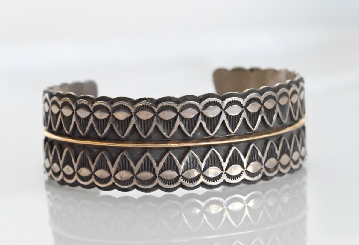 Gorgeous Native American Sterling Silver Cuff Bracelet w/ 14k Bar by Sara Hideko1