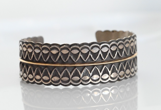 Gorgeous Native American Sterling Silver Cuff Bracelet w/ 14k Bar by Sara Hideko1