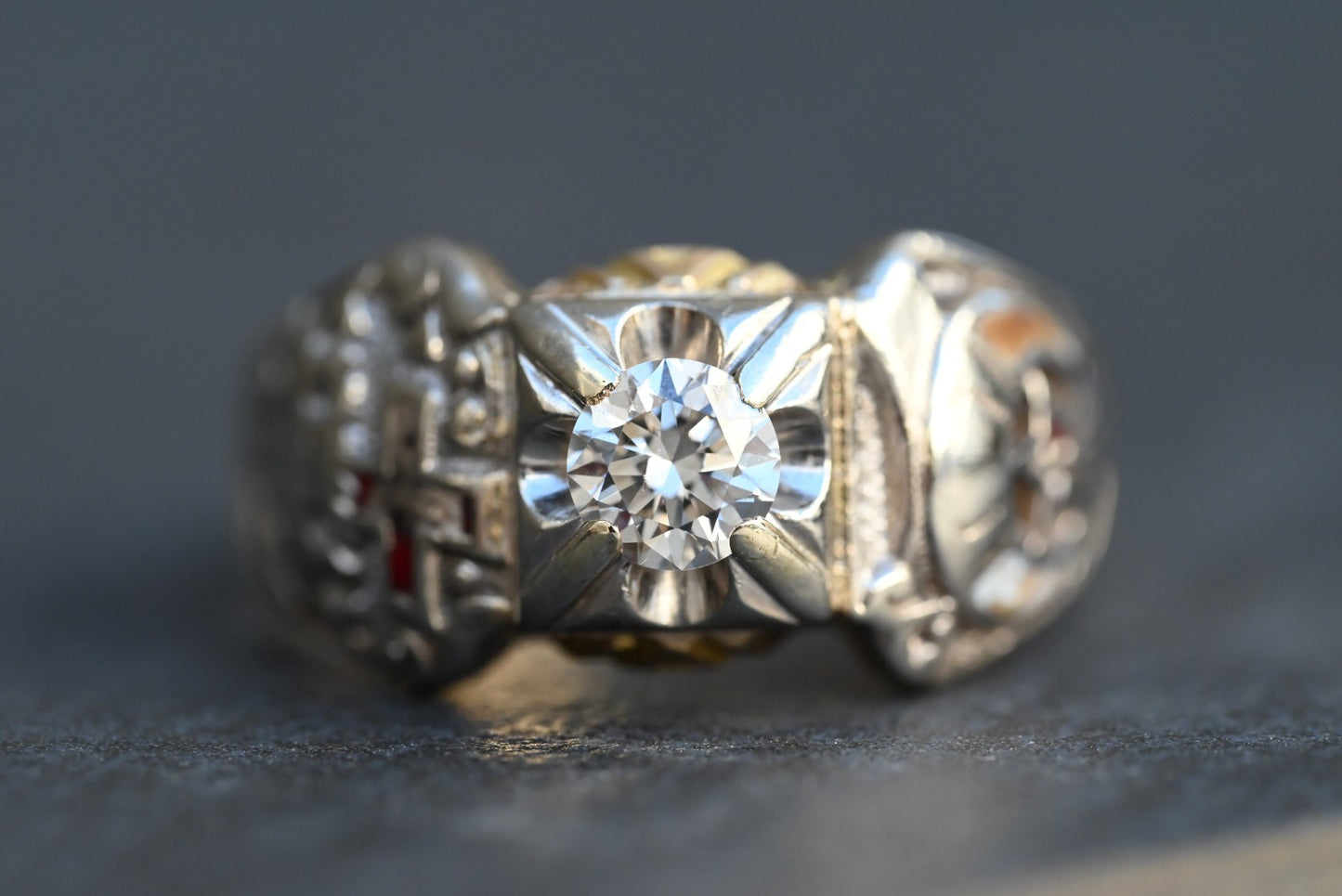 Awesome Vintage Two Tone 14k Gold Masonic Ring with .65 ct Round Diamond0