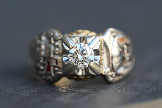 Awesome Vintage Two Tone 14k Gold Masonic Ring with .65 ct Round Diamond0
