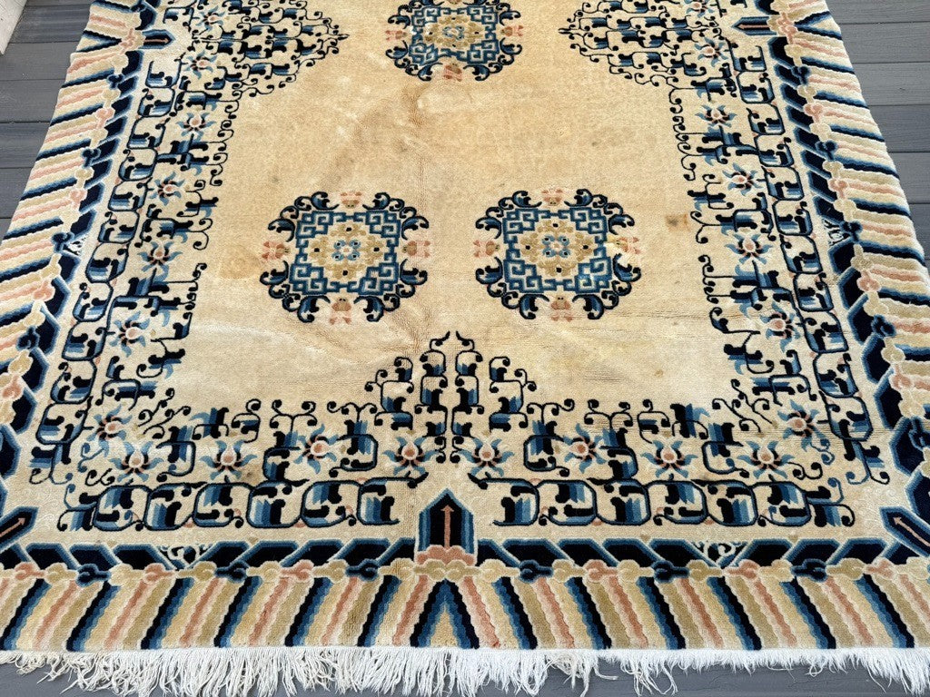 Gorgeous Antique Handmade Chinese Peking Wool Rug  6' x 9' Ivory Background4