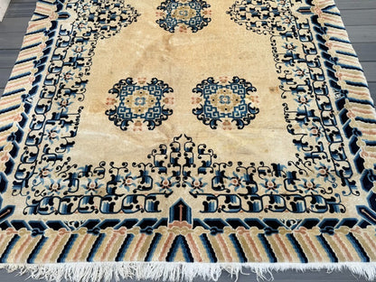 Gorgeous Antique Handmade Chinese Peking Wool Rug  6' x 9' Ivory Background4