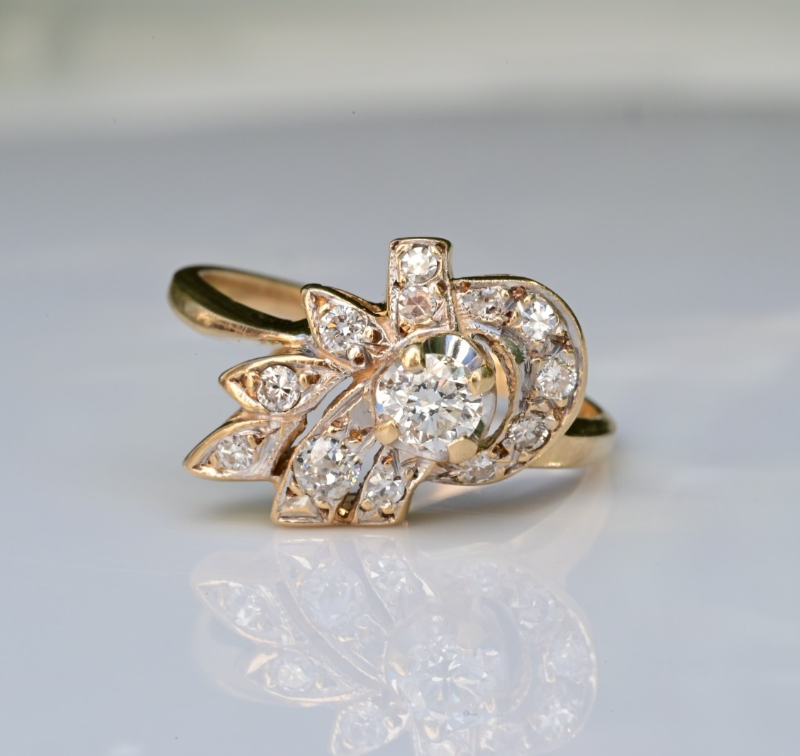 Floral Spray & Ribbon Cluster 14K Ring with Natural Antique Round-cut Diamonds5