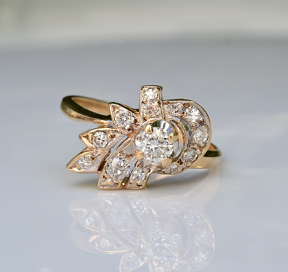 Floral Spray & Ribbon Cluster 14K Ring with Natural Antique Round-cut Diamonds5