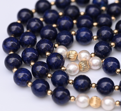 Vintage 14K Yellow Gold, Lapis Lazuli & Cultured Pearl Beaded Necklace4