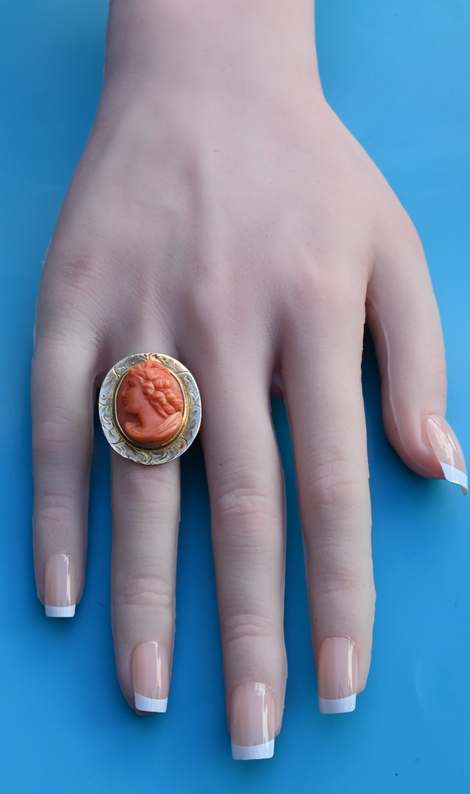 Antique 1900s Italian Carved Natural Red Coral Cameo Ring in 10K Yellow Gold1