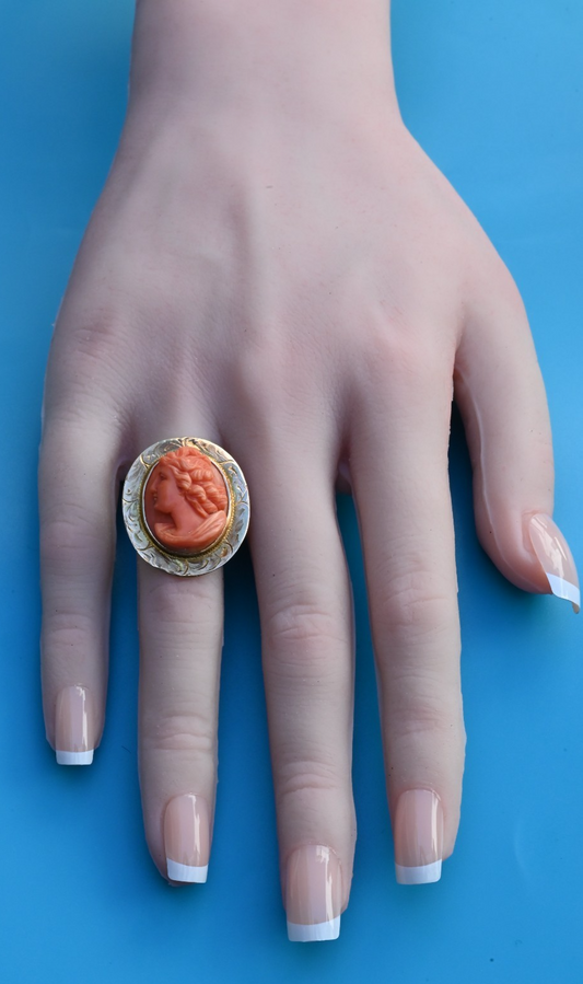 Antique 1900s Italian Carved Natural Red Coral Cameo Ring in 10K Yellow Gold1