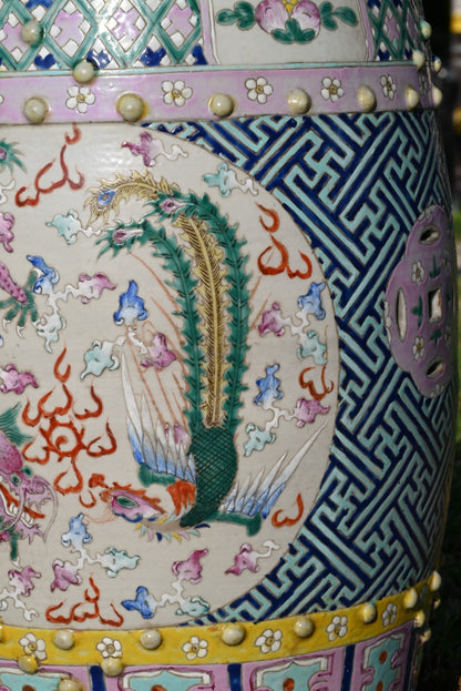 Antique Hand Painted Porcelain Garden Seat / Drum Stool Dragon & Phoenix Design5