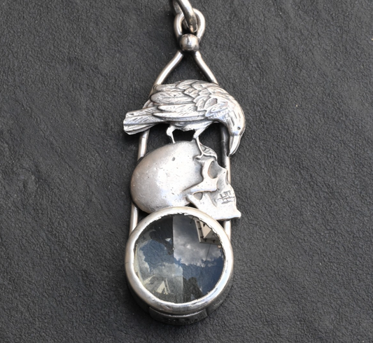 Stunning Signed Sterling Silver & Southwest Jewelers Loupe Crow Bird on Skull1