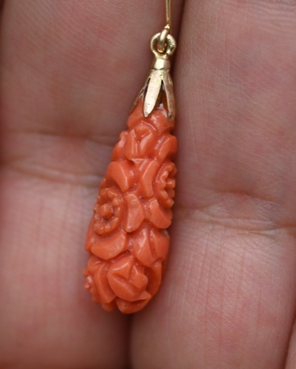 Antique Hand Carved Natural Red Coral Drop Dangle Earrings with Floral Motif 14K1