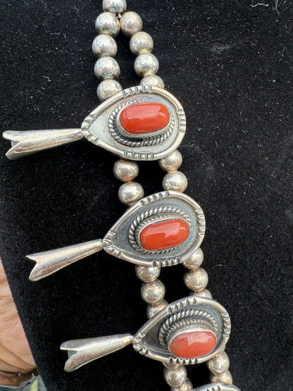 Gorgeous Native American Sterling Silver Squash Blossom Necklace with Red Coral5