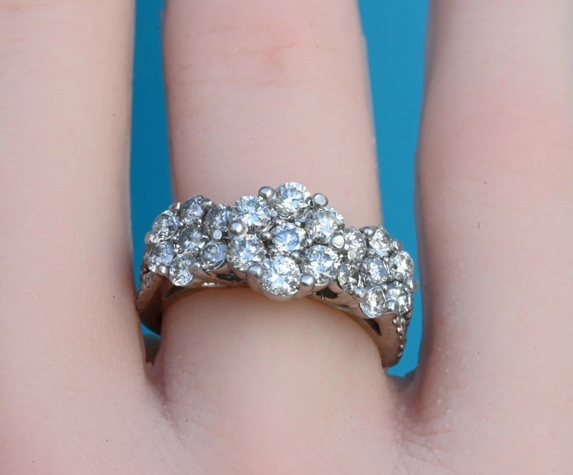 Gorgeous 14K White Gold 2TW Diamond Cluster Ring in Triple Flower Design0