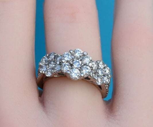 Gorgeous 14K White Gold 2TW Diamond Cluster Ring in Triple Flower Design0