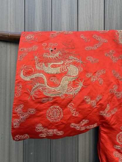 Antique Qing Dynasty Chinese Metallic Silk Embroidery Dragon Robe In Red Color11
