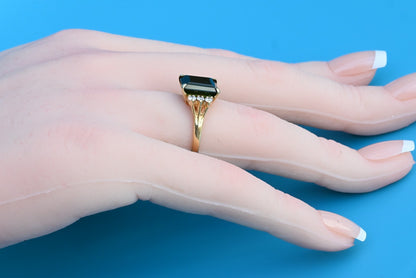 Emerald-Cut Green Tourmaline Flanked by Small Diamonds on 14K Yellow Gold Band11