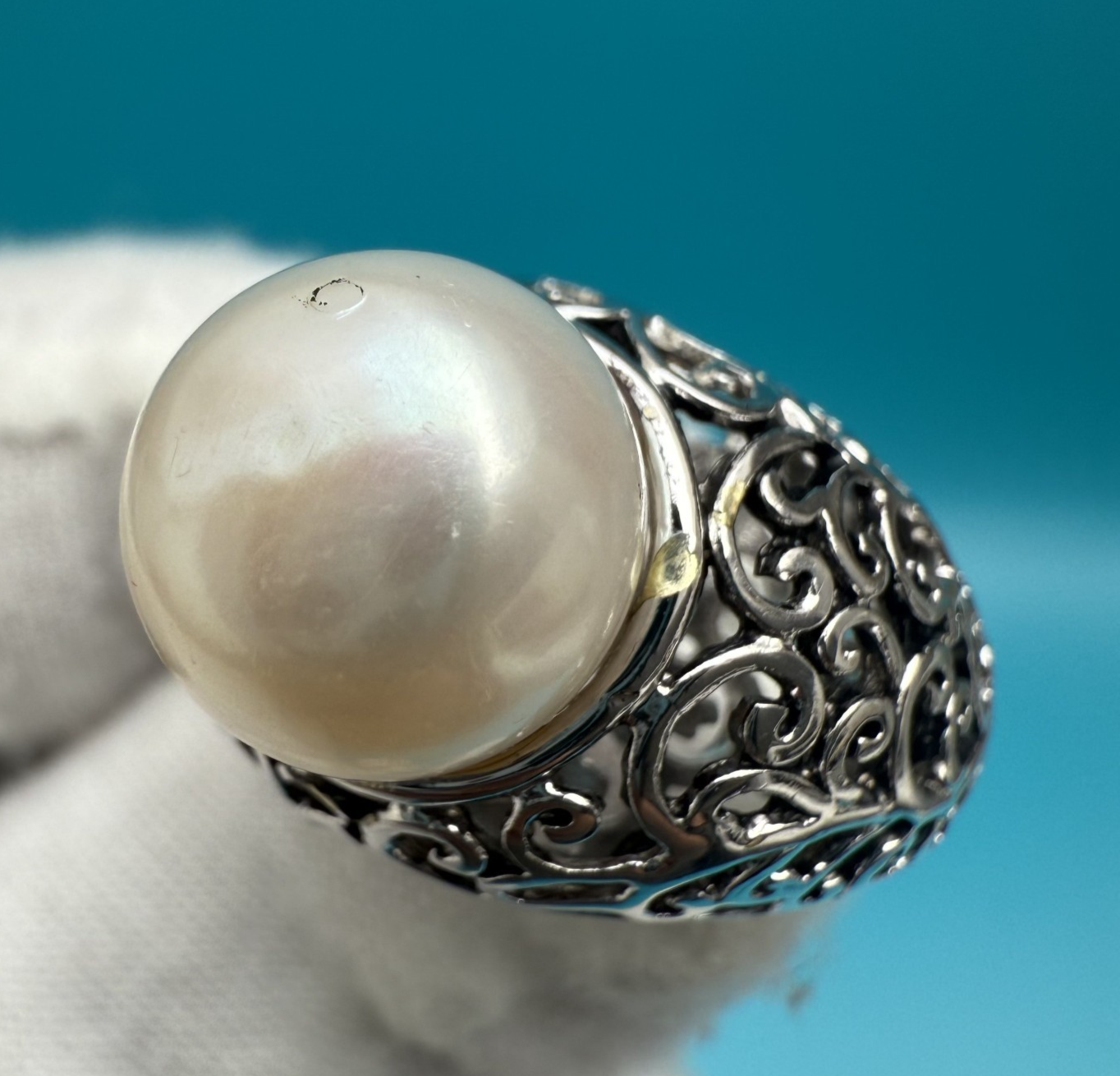 Gorgeous Sterling Silver Ring with Large Cultured Pearl & Intricate Openwork2