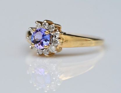 High Quality Natural Tanzanite with Halo of Diamonds set in 14K Yellow Gold Ring2