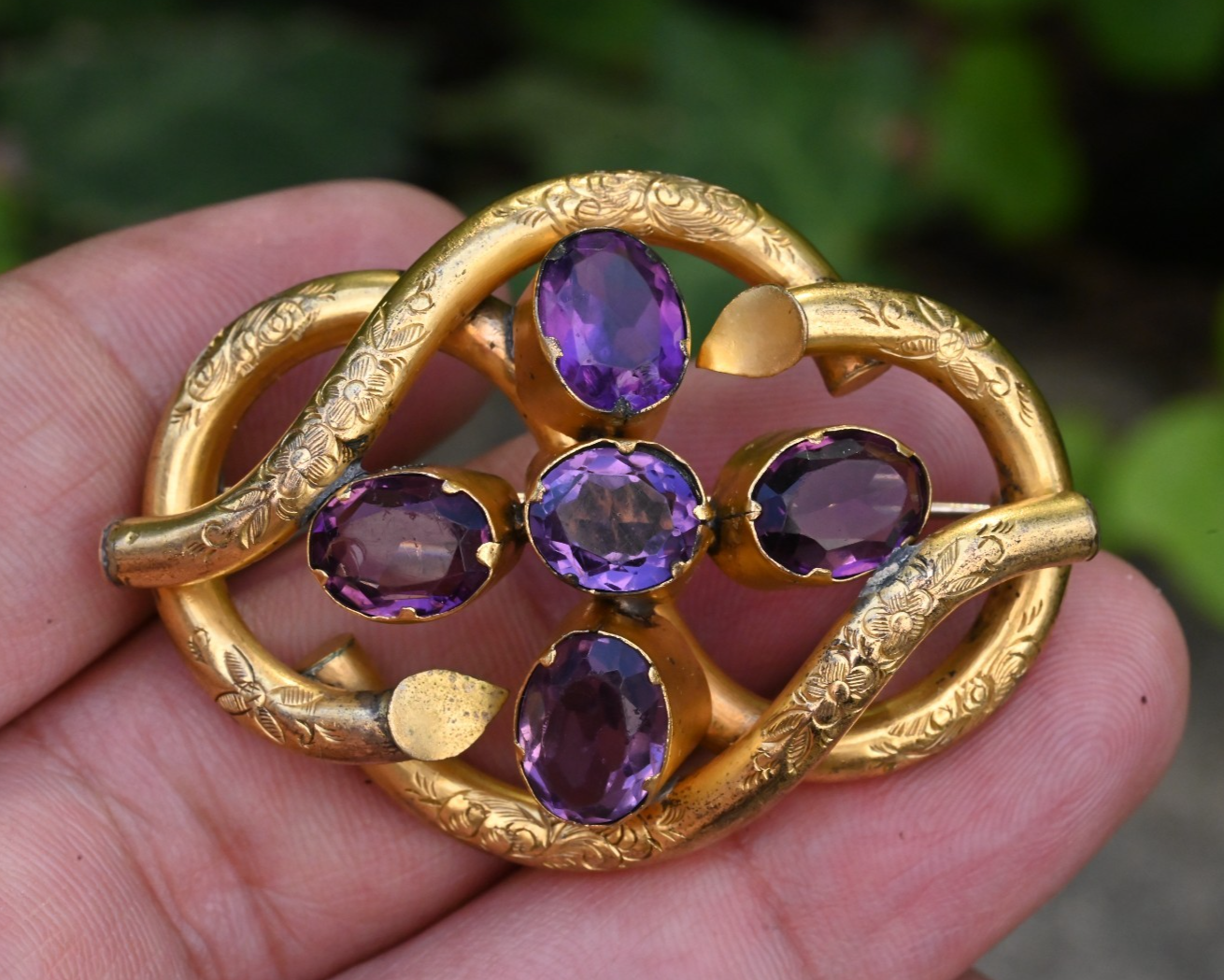 Antique Victorian-era Gold Filled Love Knot Brooch with Deep Purple Amethyst1