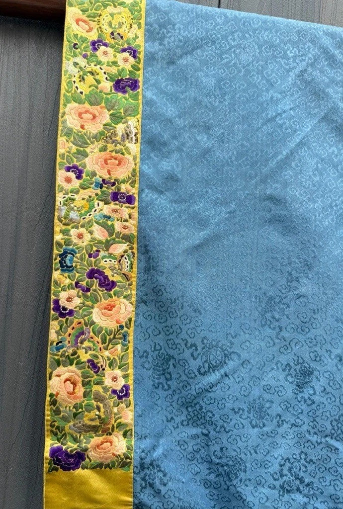 Antique Qing Dynasty Chinese Silk Embroidery Robe In Blue With Yellow Sleeve End8
