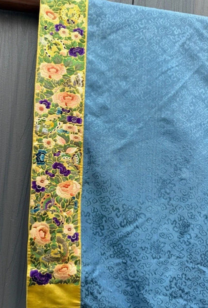 Antique Qing Dynasty Chinese Silk Embroidery Robe In Blue With Yellow Sleeve End8